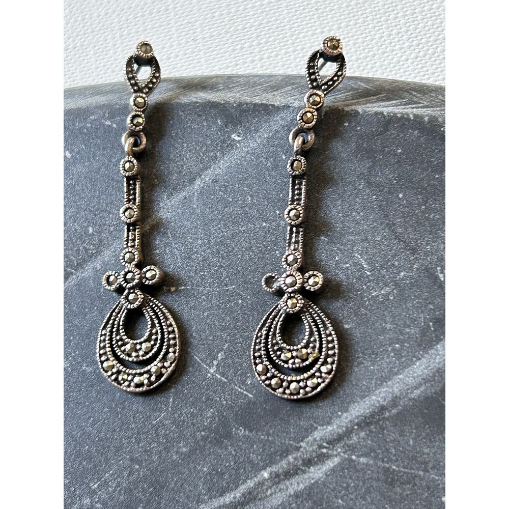 Vintage Sterling Silver 925 Marcasite Long Drop Earrings Art Deco Style